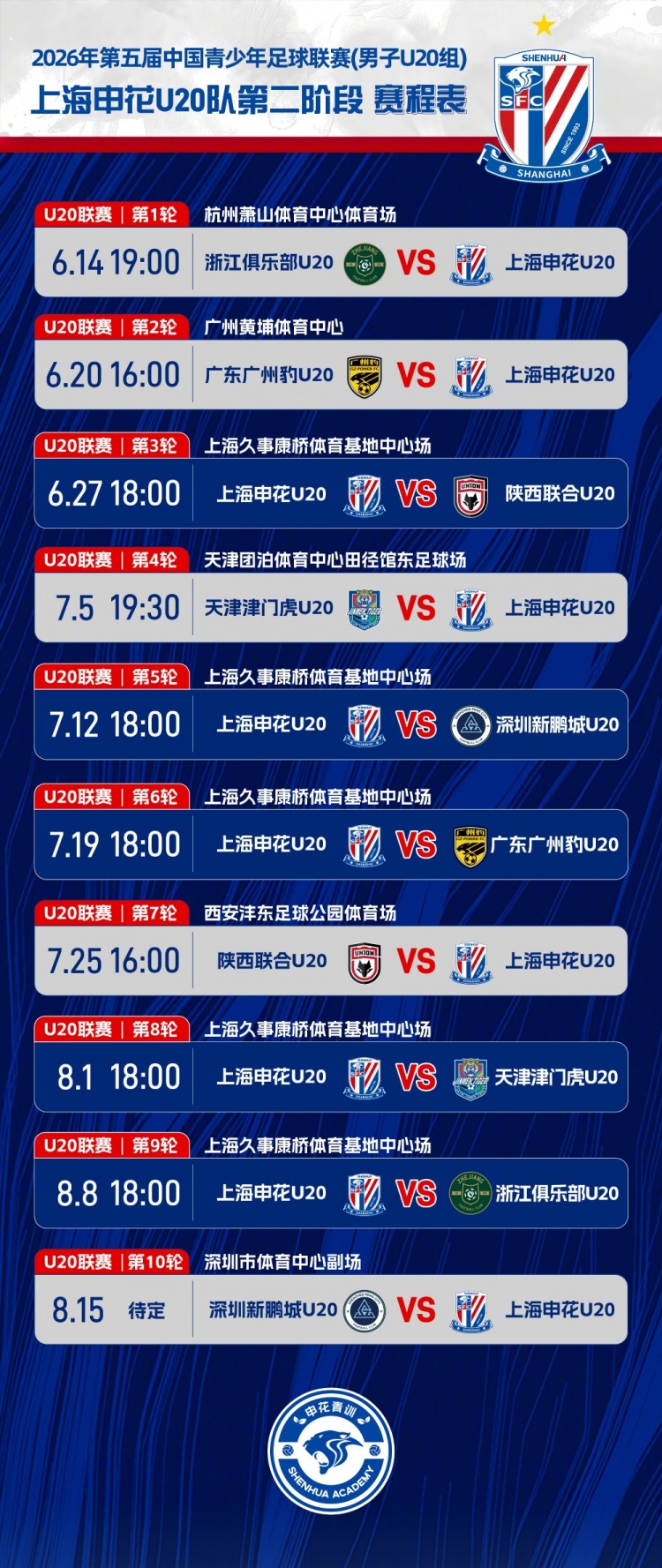 中青赛U20第二阶段赛程出炉 申花U20首轮客战浙江 中青赛U20第二阶段赛程出炉 申花U20首轮客战浙江