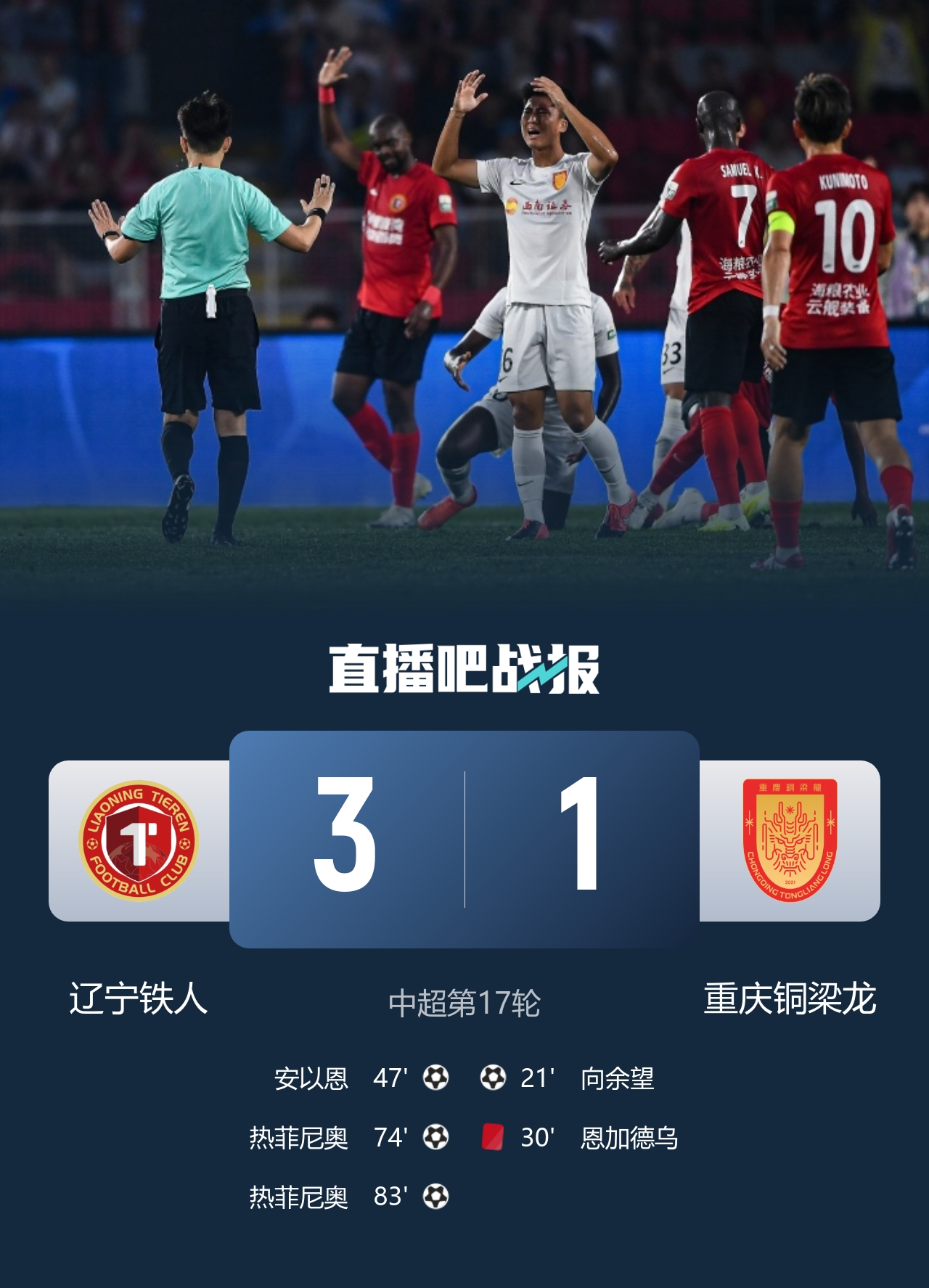 10人铜梁龙遭逆转 铁人3-1终结两连败 热菲尼奥双响