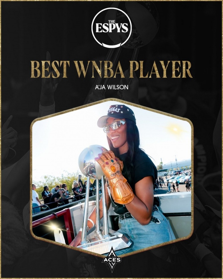 阿贾·威尔逊荣膺ESPY最佳WNBA球员：上赛季包揽DPOY/MVP/FMVP/得分王