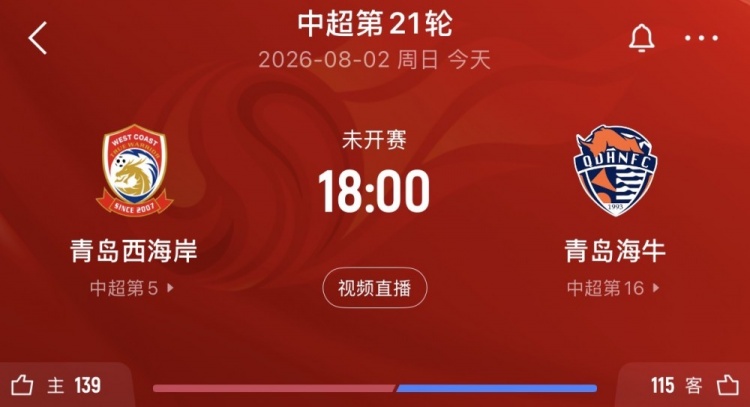 青岛德比今晚打响 西海岸距次席仅1分海牛四连败保级
